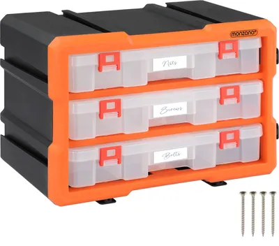 A three-drawer storage organizer with labels on the drawers, shown on a white background with screws.