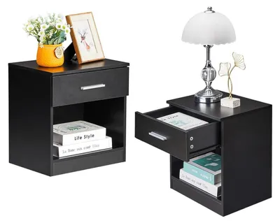 Immagine prodotto di Tavolino da notte con cassetto e ripiano, dimensioni 39x29x41 cm, colore nero