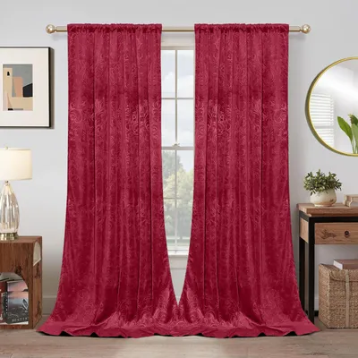 Image de Lot de 2 rideaux en velours à motifs floraux, opaques, avec ruban multifonction, pour chambre à coucher et salon, rouge, L 132 x H 244 cm