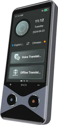 A portable electronic translation device displaying its user interface.