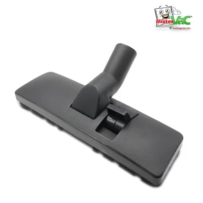 A black vacuum cleaner floor head with a logo in the top right corner.