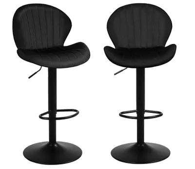 Two black bar stools are shown against a white background.