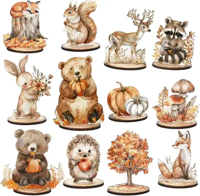 Imagen del producto de Decoración de mesa de madera con motivos de animales del bosque, 12 unidades, ideal para decoración otoñal, perfecta para fiestas de cumpleaños infantiles