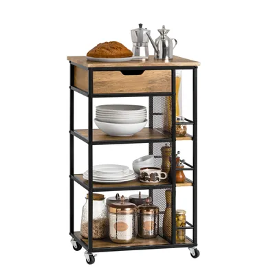 Image de Chariot de service pour la cuisine, couleur naturelle - 6 étagères, 1 tiroir - 50x87x37 cm - MDF et métal - Chariot mobile