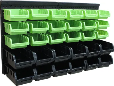 A wall-mounted storage system with multiple bins.