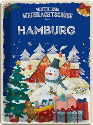 Produktbild von vianmo Blechschild 40x30 cm Weihnachtsgrüße aus HAMBURG Abenteuer Reisen Urlaub Weihnachten