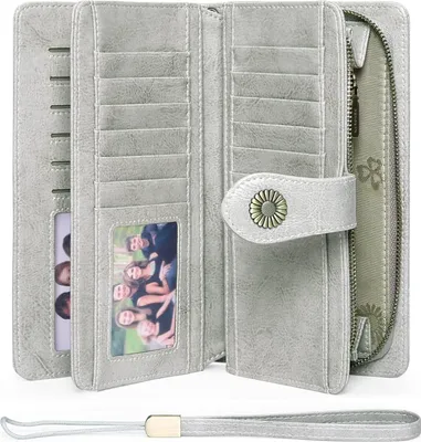 Produktbild von Damen-Geldbörse aus Leder, große Clutch, RFID-Schutzblockierung, großes Fassungsvermögen, lange Geldbörse 24 Kartenfächern, abnehmbarer Handschlaufe