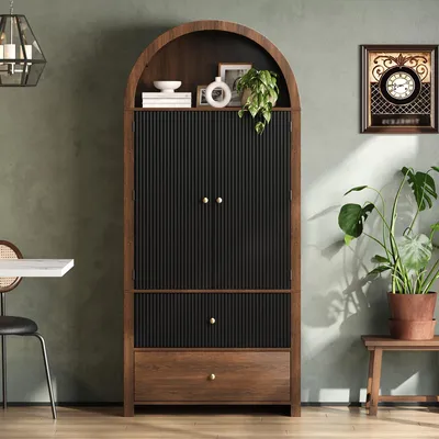Produktbild von Bogenschrank 180x80x40, Vitrine/Weinschrank, Türablagen, offenes Oberfach, 2 Schubladen, Walnussoptik.