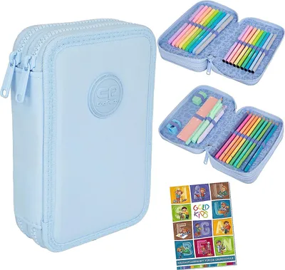 Produktbild von COOLPACK 2-fache Federtasche Federmappe Federmäppchen Pastel Powder Blue 34-teilig Schüleretui Stifte und Pinsel inkl. Aufgabenheft Federbox Etui Stiftetasche Schlamper-Etui Schul-Etui