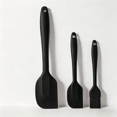 Produktbild von 3-teiliges Silikonschaber-Set mit Backpinsel und Spatel, hitzebeständig, nahtlos, antihaft, schwarz