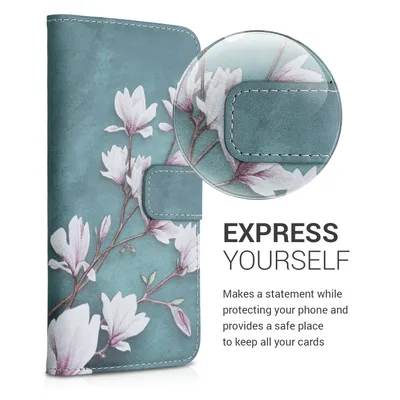 Produktbild von kwmobile Wallet Case kompatibel mit Samsung Galaxy A50 Hülle - Cover mit Ständer und Kartenfächern - Magnolien Taupe Weiß Blaugrau