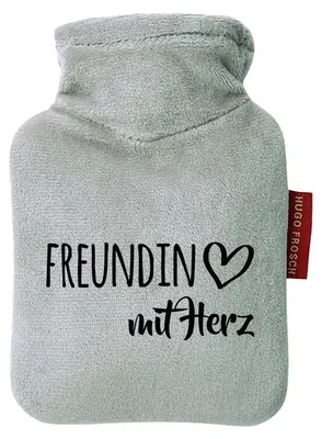 Immagine prodotto di Huuraa Mini borsa dell'acqua calda "Fidanzata con cuore" 0,2 litri, grigia, con rivestimento in velluto, idea regalo