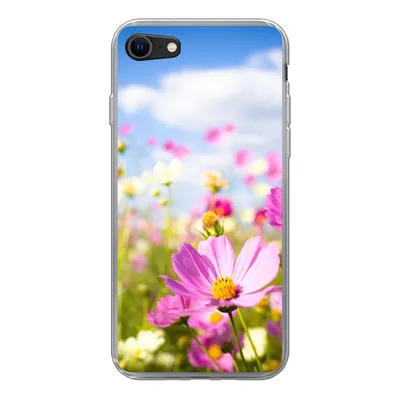 Produktbild von MuchoWow® Handyhülle Schutzhülle Hülle für iPhone 8 Blumen - Wiese - Lila - Gras - Weiß - Wolken - Blau Silikon Softcase Handy Hülle - Schutzhaube