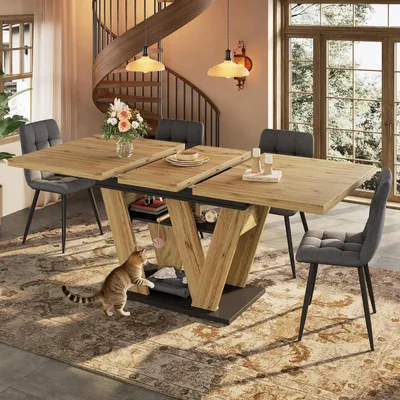 Image de Table extensible avec pieds en forme de "W", imitation bois, dimensions 119-158,5 x 80 x 75 cm, finition bois, avec étagère