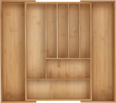 Zdjęcie produktu dla Zestaw na sztućce Relaxdays, 7–9 przegródek, wysuwana wkładka do szuflady na sztućce, wys. x szer. x gł.: 6 x 34–56 x 50 cm, bambus, naturalny