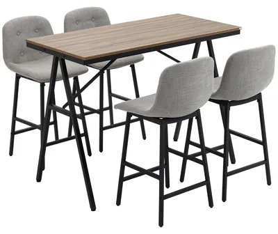 Produktbild von Bartisch Set 5-tlg. mit Barhockern, Essgruppe für Küche, Bistrotisch mit 4 Stühlen, Metall, hellbraun, 120x60x91 cm