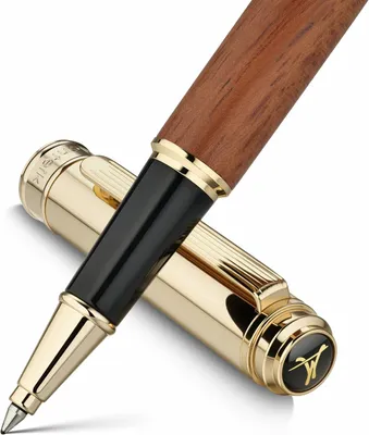 Productafbeelding van Luxe dagboek pen - Set van 316 - Mooi natuurhout voor schrijven - 24K gouden accenten - Schmidt Navulling - Rollerball
