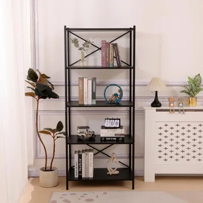 Produktbild von Bücherregal, Standregal mit 4 Ebenen, Industrielles Büroregal mit Metallrahmen, offenes Aufbewahrungsregal für Wohnzimm ca. 70 x 45 x 168 cm - Schwarz