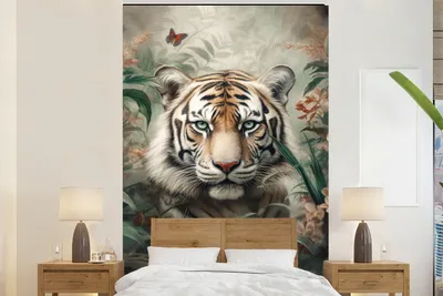 Produktbild von MuchoWow® Fototapete für Wohnzimmer oder Schlafzimmer Wandtapete Vinyl Motivtapete Tiger - Schmetterlinge - Tiere - Dschungel - Blumen - 145x220 cm - Wanddekoration