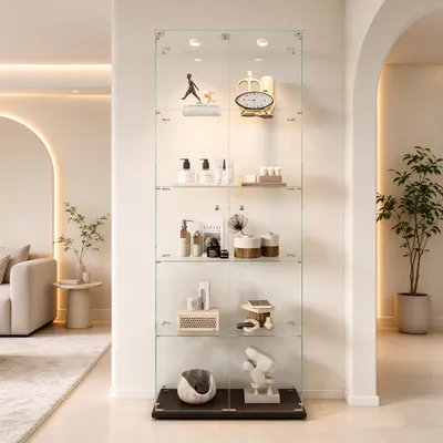 Productafbeelding van INONEFT Glazen displaykast, staande vitrine met LED-verlichting, vitrine met 5 glazen planken, vitrinekast met 2 deuren, gehard glas, verzamelvitrine, woonkamerkast