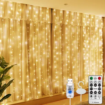 Produktbild von 2 Stück 300LED Lichtervorhang 3mx3m USB, Fernbedienung, 8 Modi & Timer