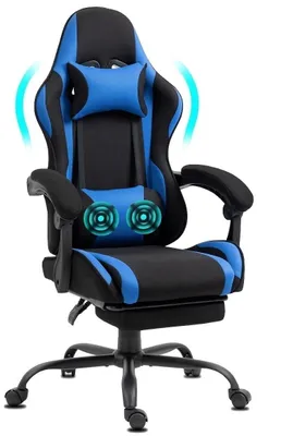A blue and black gaming chair with a footrest and headrest, shown from a three-quarter angle against a white background. The chair has glowing blue accents indicating massage features.