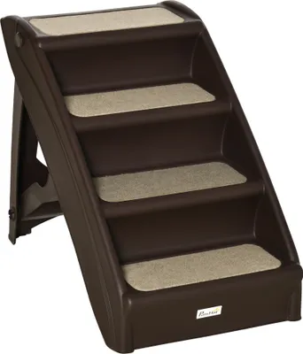 Produktbild von PawHut Klappbare Haustiertreppe mit 4 Stufen, tragbare Stufe für Hunde und Katzen, mit rutschfesten Matten, für Bett, Sofa, Belastung 20 kg, 62 x 38 x 49,5 cm, Dunkelbraun