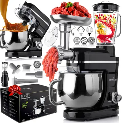 Produktbild von Robot planetarny kuchenny LEHMANN MASTIC, maszynka do mięsa, mikser, blender kielichowy 3w1, 1300 W, 6 prędkości, misa 5 l, 550x415x215, 7 kg, czarny