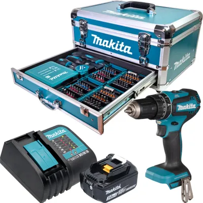 Produktbild von Makita DHP 485 SF1X9 Akku Schlagbohrschrauber 18 V 50 Nm Brushless + 1x Akku 3,0 Ah + Ladegerät + 96 tlg. Zubehör Set + Koffer