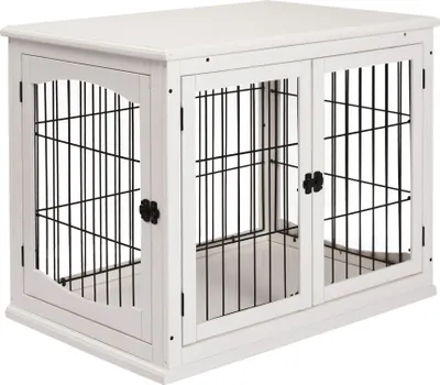 Zdjęcie produktu dla Klatka dla psa PawHut z 2 wejściami, nowoczesna, MDF, do użytku domowego, buda dla psa średniego i małego do 20 kg, 58,5 x 81 x 66 cm, biała