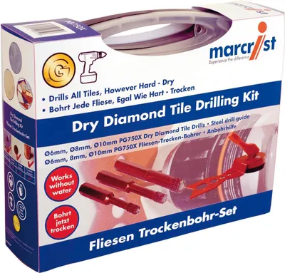 The image shows the packaging of a dry diamond tile drilling kit.