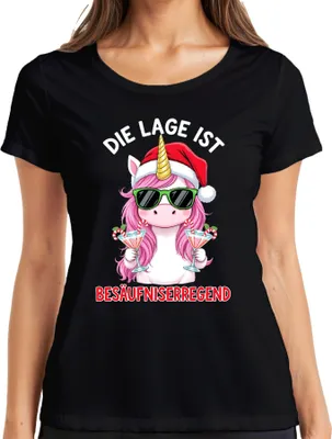 Produktbild von Die Lage ist Besäufniserregend Weihnachten Einhorn Saufen Damen T-Shirt, Schwarz, S