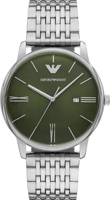 A close-up studio shot of an Emporio Armani analog watch.