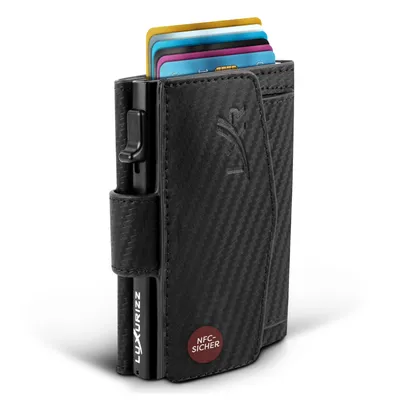 Produktbild von Luxurizz Smart Wallet in Carbon Optik aus echtem Leder schwarz/Slim Wallet mit Münzfach & RFID-Schutz/praktisches Kartenetui mit Slider/Carbon