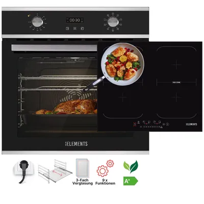 Produktbild von KB ELEMENTS Sparset, Einbauherd Set, Herdset, Induktionskochfeld 60cm 7400 Watt, Einbaubackofen 60cm 70 Liter, EEK A+