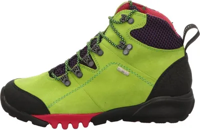 A side view of a single hiking boot.