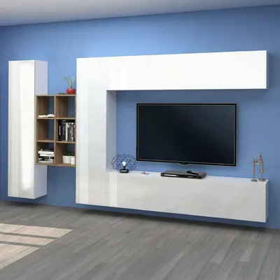 Immagine prodotto di Dmora Parete Attrezzata Agna 30x280x180h cm Bianco Lucido, 20 Vani Apertura Battente e a Ribalta Italy