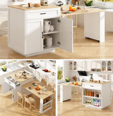Immagine prodotto di Tavolo da bar allungabile Sweiko con vano portaoggetti (133-202×70×93,5 cm), con 2 cassetti e 2 scomparti, tavolo da cucina ad isola allungabile per 2-6 persone, carrello da pranzo per cucina con ripiani laterali, bianco