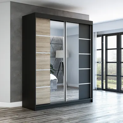 Productafbeelding van Schuifdeurenkast, 2 deuren, model ERA, 180 cm (met spiegel), zwart/sonoma/zwart