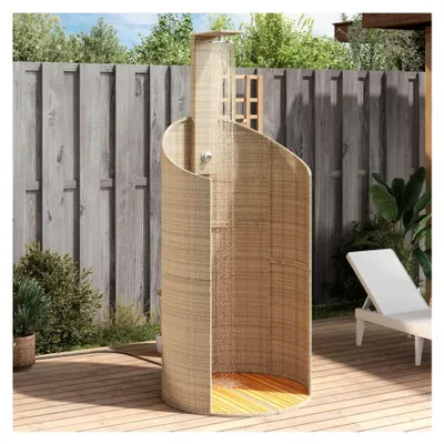 Produktbild von Gartendusche aus Poly Rattan Beige - Stabile Freiluftdusche mit Holzboden, 100x100x241,5 cm, geeignet für Garten und Hinterhof