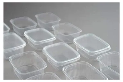 Produktbild von 250 Stück transparente Feinkostbecher mit Deckel, 200 ml, rechteckig, Salatschalen