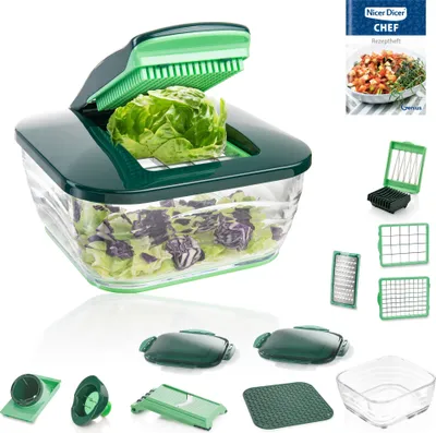 A Nicer Dicer Chef set with a glass bowl and various attachments, along with a recipe booklet.