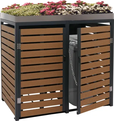 Immagine prodotto di 2 contenitori per rifiuti HWC-K14, contenitore per rifiuti con fioriera, 124x134x84cm WPC acciaio inox 79kg ~ look teak