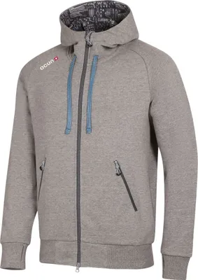 Grauer Hoodie mit Reißverschluss für Herren von Ocun; mit blauen Akzenten und zwei seitlichen Taschen.
