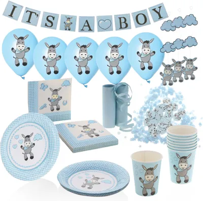Produktbild von com-four® 47-teiliger Partykoffer zur Geburt eines Jungen - Deko für Babyparty - Partyzubehörset mit Luftballons, Girlande, Konfetti und Papp-Geschirr