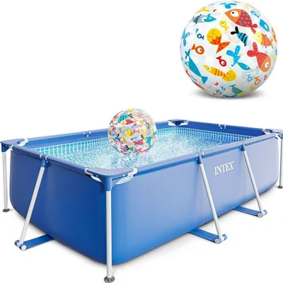 Produktbild von Intex Small Frame Swimming Pool 220x150x60 cm Schwimmbecken Schwimmbad mit Extra-Zubehör: Strandball