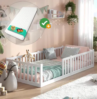 Immagine prodotto di Alavya Home Letto a Terra TITAN 80x160 set Completo con Materasso per Bambini in Schiuma Fredda, Legno Massello di Faggio, Protezione Anticaduta