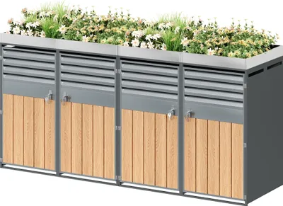 Produktbild von Mülltonnenbox ,Lüftungsöffnung mit Lamellen, trash storage compartments,Abschließbar, Vier Türen,Pflanzfläche