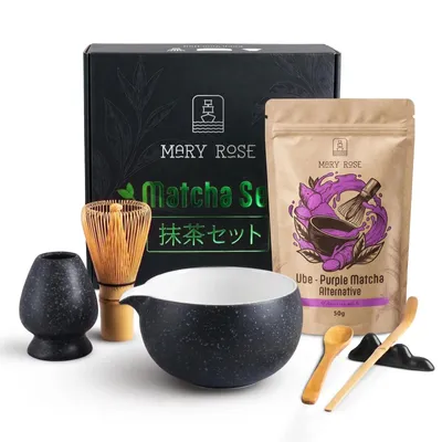 Produktbild von Mary Rose - Geschenkset Purple Matcha Ube Pulver 50g - 100% Frucht - Schwarz Keramik Matchawan Schale Kurai 470ml - Mit Bambus Chasen Besen