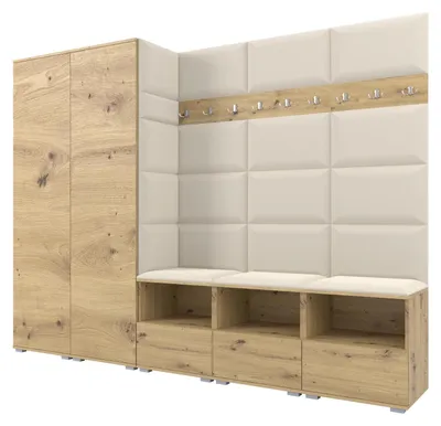 Produktbild von Garderobe NELA VII 250 cm Modulare Flurmöbel XL Artisan Eiche mit Sitzpolster Creme 01 (2 Schränke)